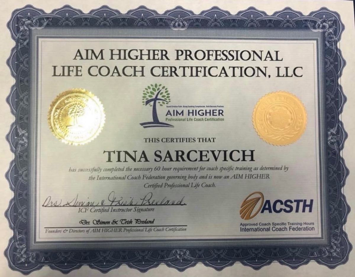 Dr. Tina Sarcevich's certification